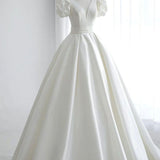 Elegant A Line V Neck White Wedding Dress with Short Sleeves