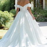 White Puff Off-the-Shoulder V Neck Sweeping Long Wedding Dress