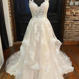 Halle | A-Line Straps Ivory Long Wedding Dress with Appliques