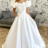 White Off-the-Shoulder Ruffle Long Bridal Gown