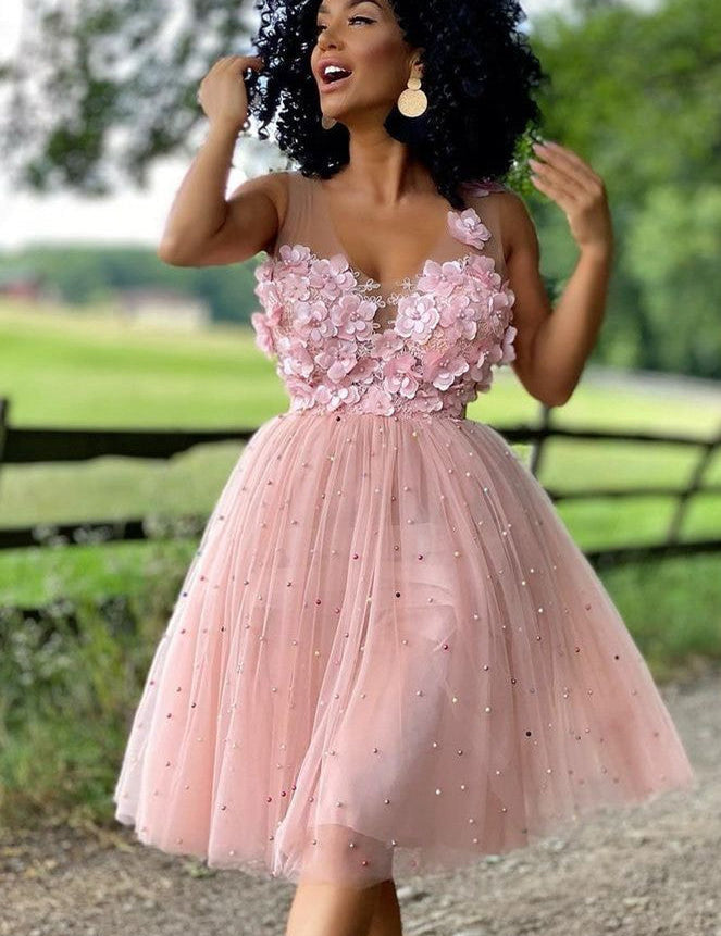 Yolanda |A-Line Beaded Tulle Homecoming Dress with Flowers