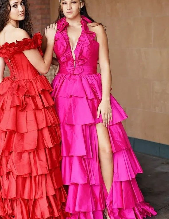 Flora | Halter Red Ruffle Tiered A-Line Prom Dress