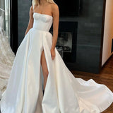 Ball Gown Strapless Satin Wedding Dresses with Slit