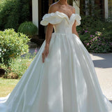 White Puff Off-the-Shoulder V Neck Sweeping Long Wedding Dress