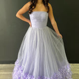 Lavender Strapless Pleated A-Line Prom Dress with Feathers