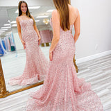 Nori | Pink Sequins Mermaid Spaghetti Straps Boning Long Prom Dress