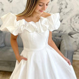 White Off-the-Shoulder Ruffle Long Bridal Gown