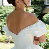 White Puff Off-the-Shoulder V Neck Sweeping Long Wedding Dress