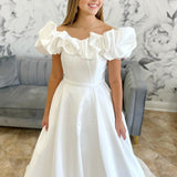 White Off-the-Shoulder Ruffle Long Bridal Gown