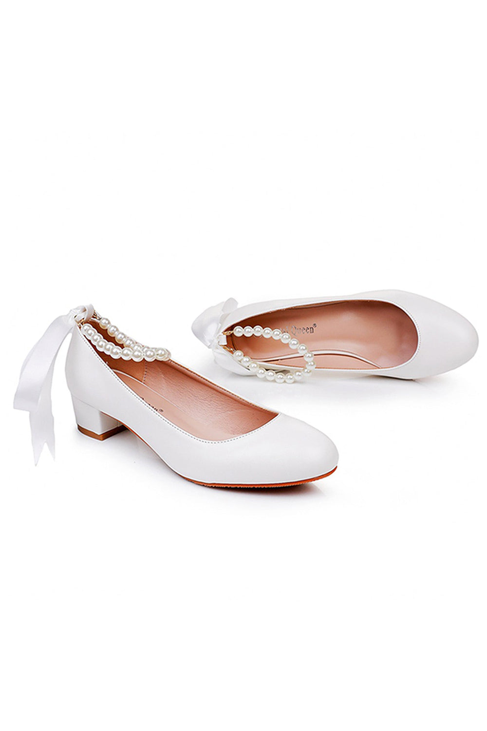 Round Toe Low Chunky Heels Beaded Wedding Shoes