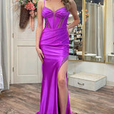 Olive | Purple Sweetheart Satin Mermaid Long Prom Dresses with Slit