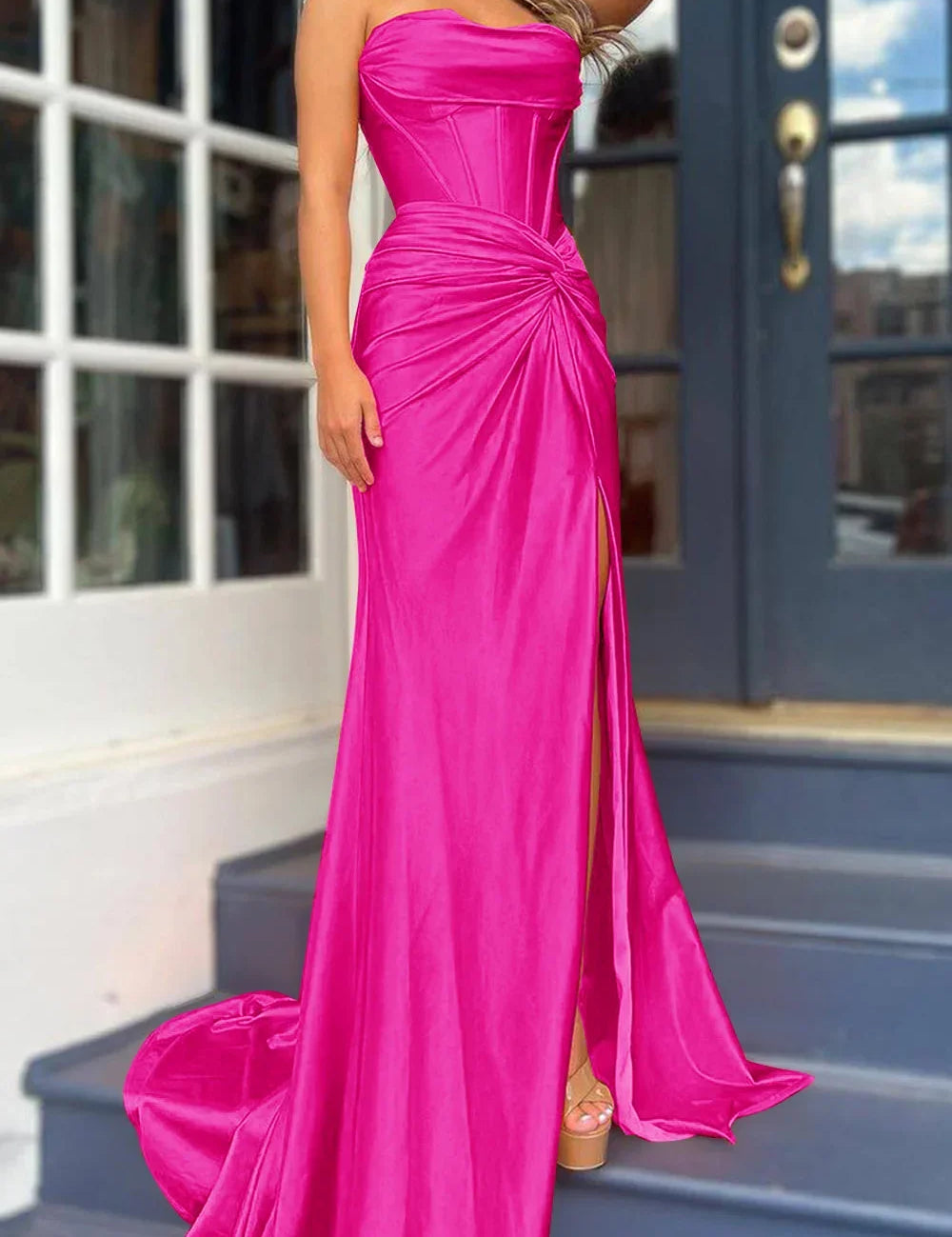 Nadia |Mermaid Strapless Satin Long Prom Dress With Slit