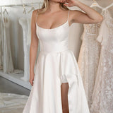 Simple A-Line Scoop Neck Satin Wedding Dresses with Slit