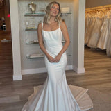 Simple Mermaid Scoop Neck Backless Satin Wedding Dresses