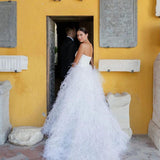 A-Line Strapless Satin Wedding Dresses with Feather