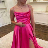 Araya |A Line Cowl Neck Satin Prom Dress With Slit