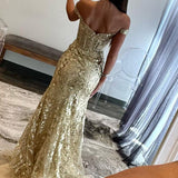 Soleil | Gold Sequin Lace Off the Shoulder Mermaid Prom Dress