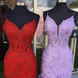 Red Spaghetti Straps Applique Tight Homecoming Dress