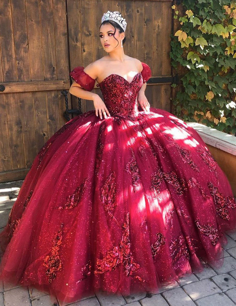 Quinceanera Dress Burgundy Off Shoulder Tulle Lace Long Prom Dresses Sweet Dresses