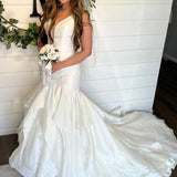 Elegant Mermaid V Neck Satin Wedding Dresses