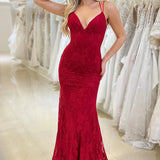 Elsa| Red Lace V Neck Mermaid Prom Dress