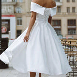 A-Line Satin Tea Length White Off the Shoulder Wedding Dress