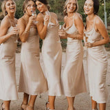 Ivory Mid-Calf Spaghetti Straps Bridesmaid Dress