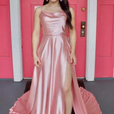 Araya |A Line Cowl Neck Satin Prom Dress With Slit