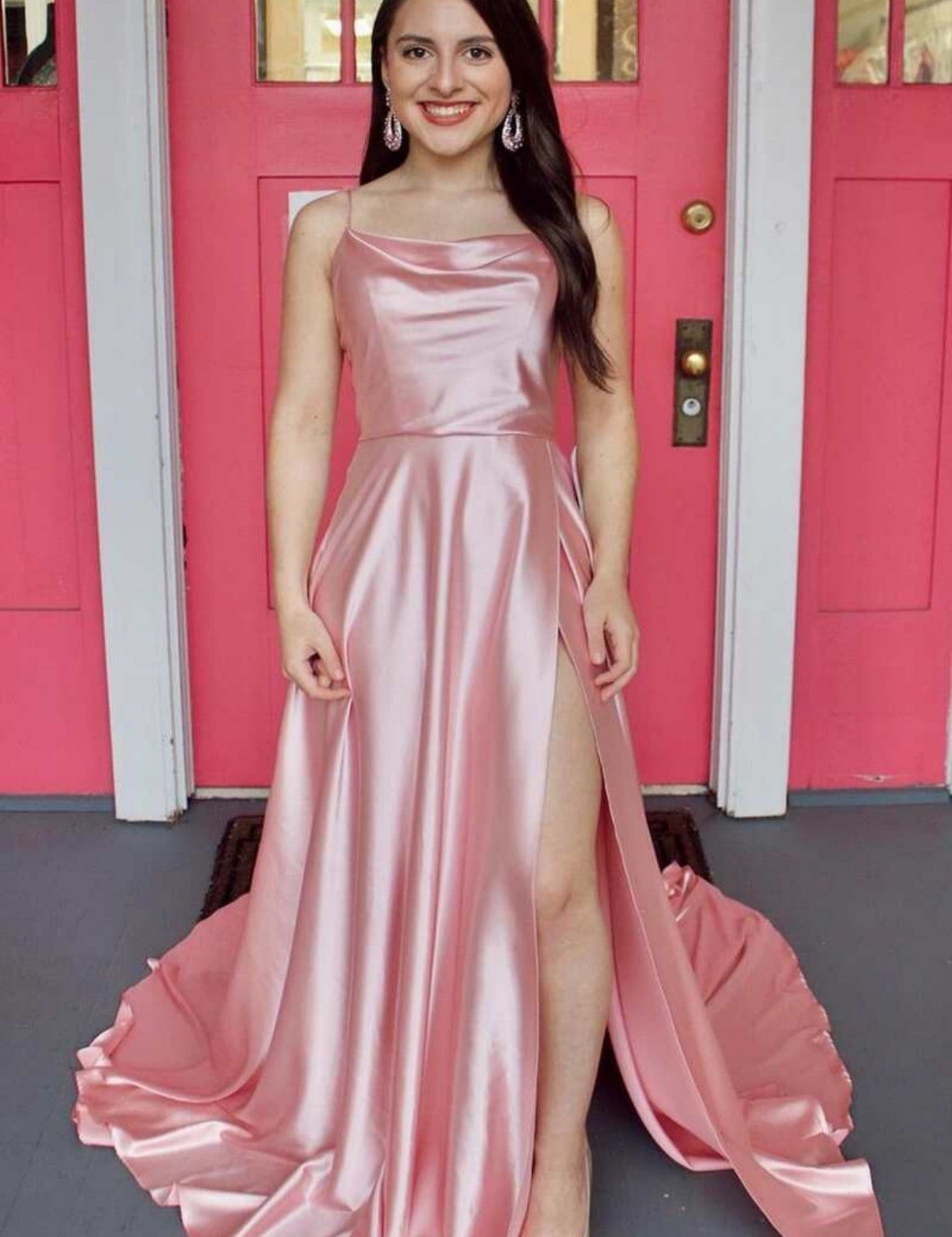 Araya |A Line Cowl Neck Satin Prom Dress With Slit