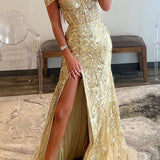 Soleil | Gold Sequin Lace Off the Shoulder Mermaid Prom Dress