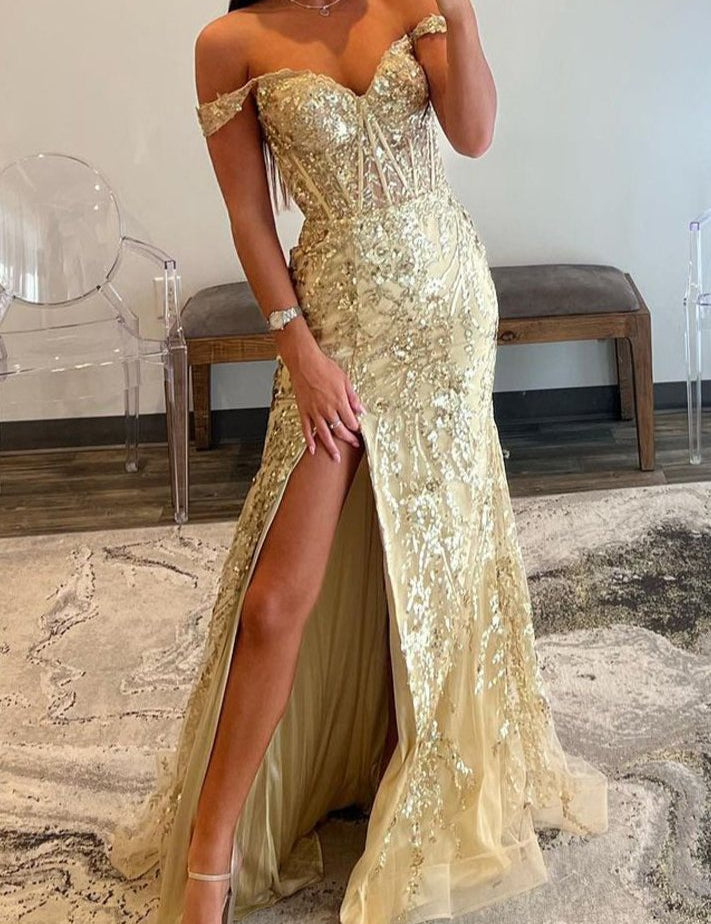 Soleil | Gold Sequin Lace Off the Shoulder Mermaid Prom Dress