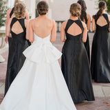 Simple A-Line Round Neck Black Satin Long Bridesmaid Dresses