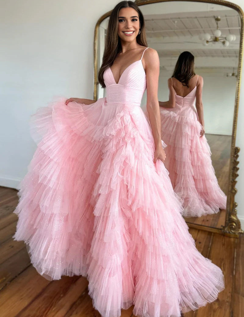 Alianna |A-Line Spaghetti Straps Tiered Tulle Prom Dress