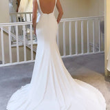 Ivory Plunge V Open Back Mermaid Long Wedding Dress