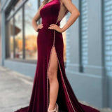 Wine Velvet Beaded One-Shoulder Long Formal Dress with Slit