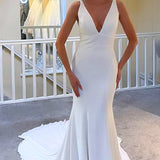 Ivory Plunge V Open Back Mermaid Long Wedding Dress