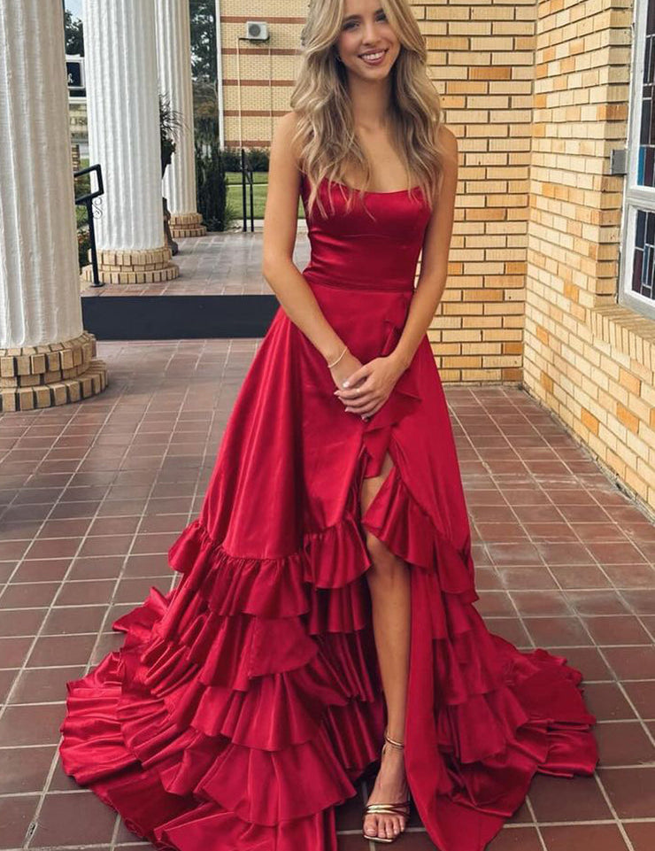 Aldrich | Scoop Neck A Line Lace-Up Ruffle Tiered Red Prom Dress with Slit