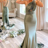 Light Green Convertible Satin Mermaid Prom Bridesmaid Dress