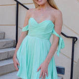 Courtney | Green Chiffon Off-the-Shoulder A-Line Short Homecoming Dress