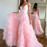 Alianna | Light Pink A-Line Tiered Spaghetti Straps Tulle Prom Dress