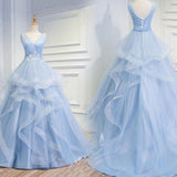 Sweetheart Baby Blue Organza V Neck Ruffles Appliques Prom Dresses