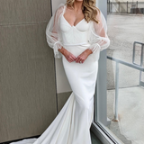 White Illusion Bell Sleeves V Neck Mermaid Long Wedding Dress