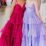 Amanda| A-Line Spaghetti Straps Long Tiered Tulle Prom Dress With Split