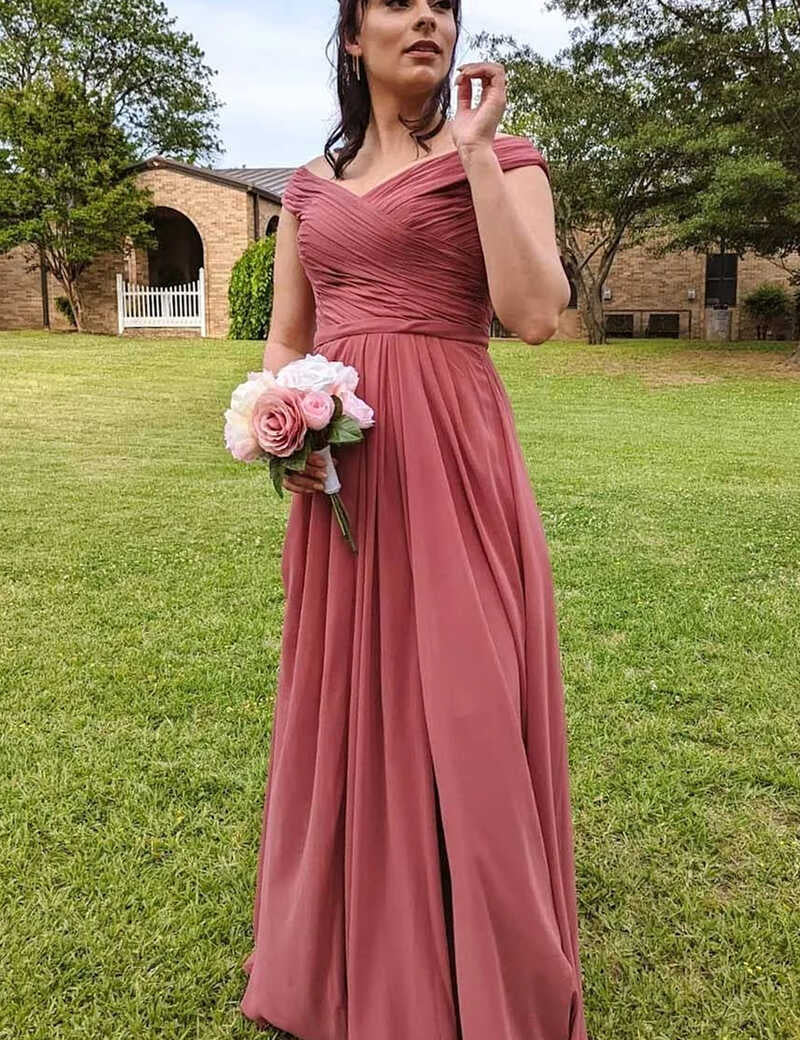 Chiffon Off-the-Shoulder Long Bridesmaid Dress with Slit