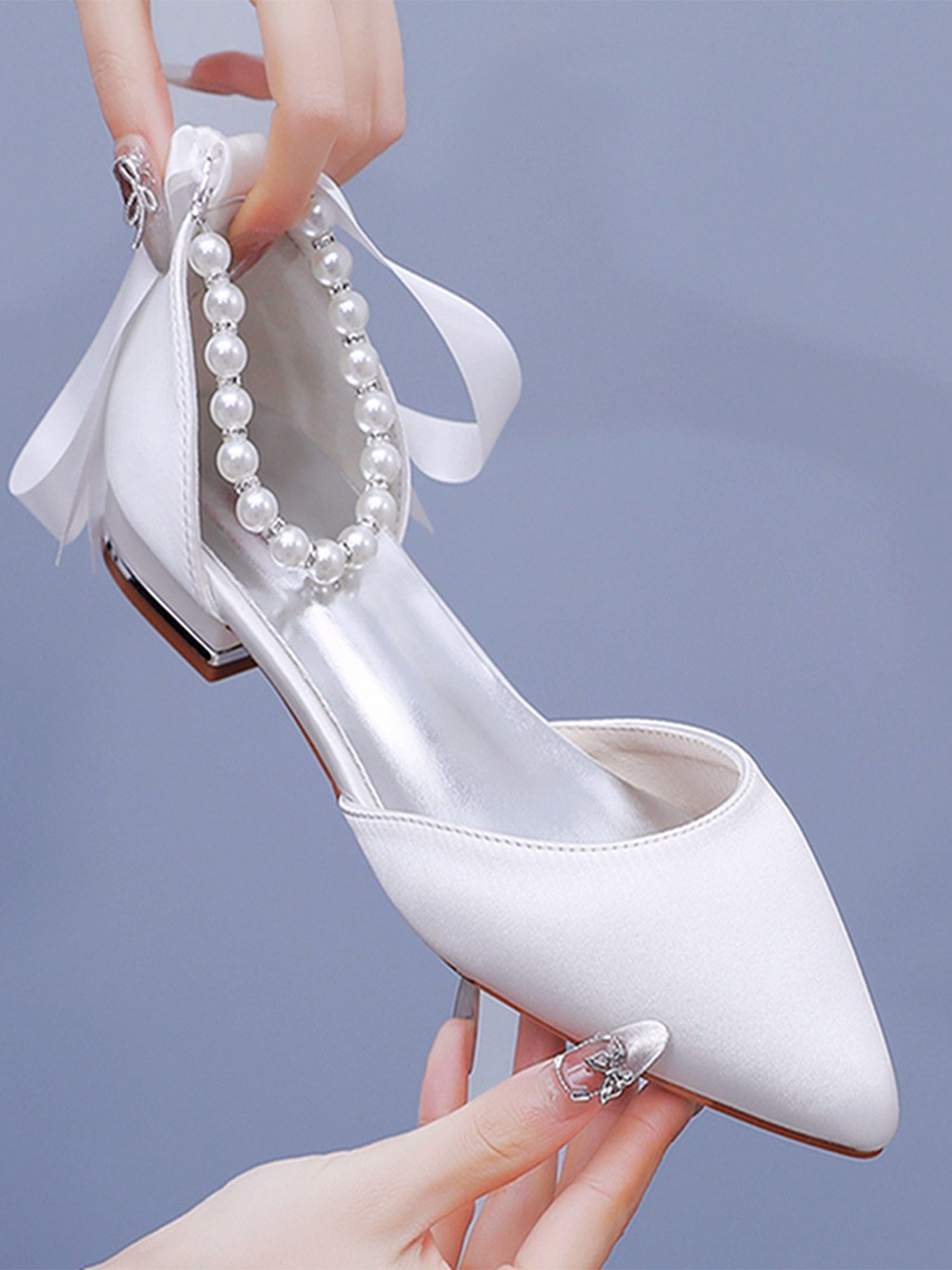 Satin Beaded Ribbon Low Heels Bridal Shoes