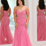 Suzanne | Pink Mermaid Off the Shoulder Tulle Long Prom Dress with Appliques