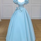 Quinceanera Dress Blue Satin Puff Sleeves Long Prom Gown Blue Long Sweet Dress