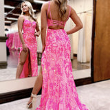 Pink Sweetheart Sequins Lace Mermaid Prom Dresses with Slit