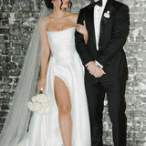 Jane | A-Line Strapless White Satin Wedding Dresses with Slit