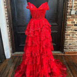 Red Princess A Line Off the Shoulder Corset Prom Dress with Lace Ruffles